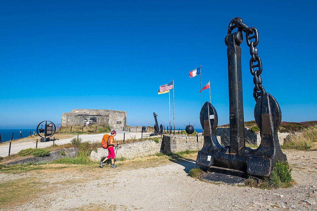 France, Finistere, Armorica Regional Natural Park, Crozon Peninsula, Camaret-sur-Mer, GR 34 hiking trail or customs trail, Kerbonn Fort close to Pointe de Pen Hir, a casemate houses the Memorial Museum to the Battle of the Atlantic\n