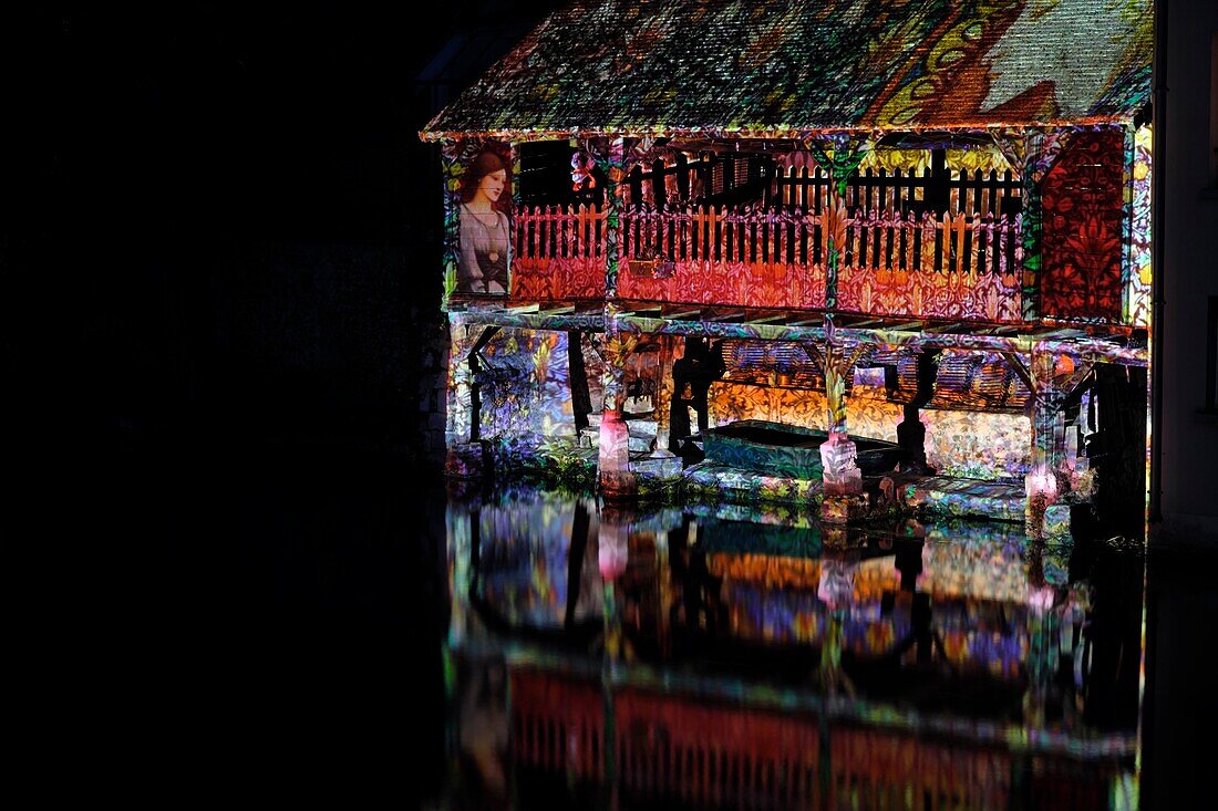 France, Eure et Loir, Chartres, Chartres en Lumieres, illuminations, La Grenouillère washhouse on the banks of the Eure river\n