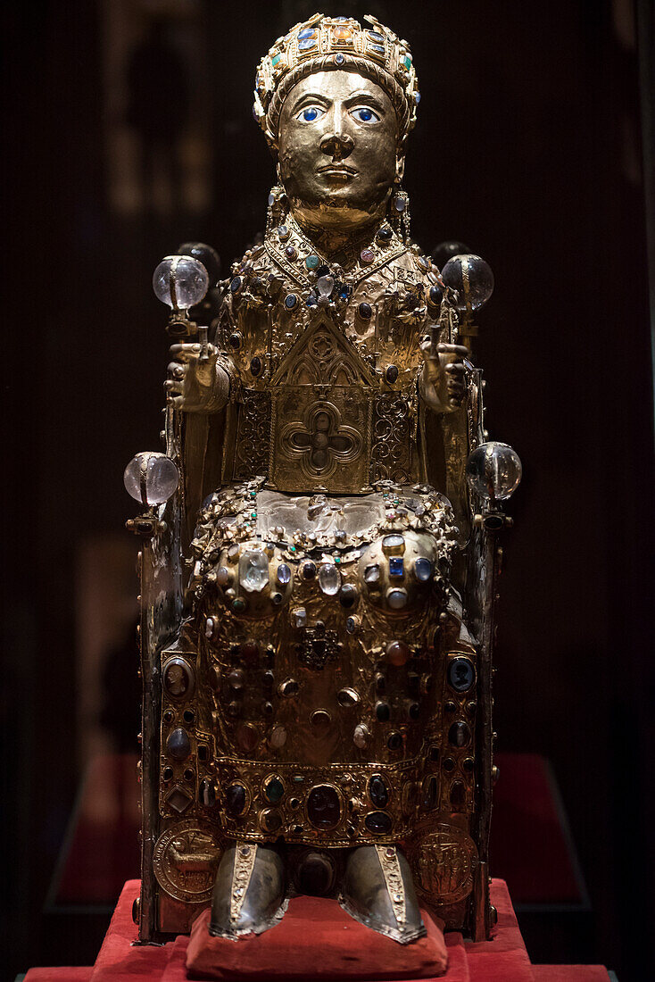 France, Aveyron, Conques, labeled the Most Beautiful Villages of France, Romanesque Abbey of Saint Foy from 11th Century, listed as World Heritage by UNESCO, Statue of the Reliquary of Saint Foy, treasure holding the skull of Saint Foy\n