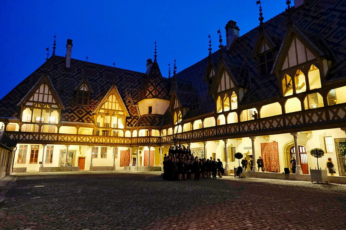 France, Cote d'Or, Beaune, listed as World Heritage by UNESCO, Hospices de Beaune, Hotel Dieu, the international hotel school Savoie-Léman serves meals during the festivities of the sale of Hospices wines\n