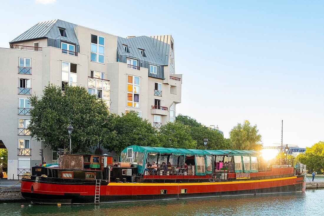 France, Paris, La Villette park, Ourcq canal, the Antidote barge\n