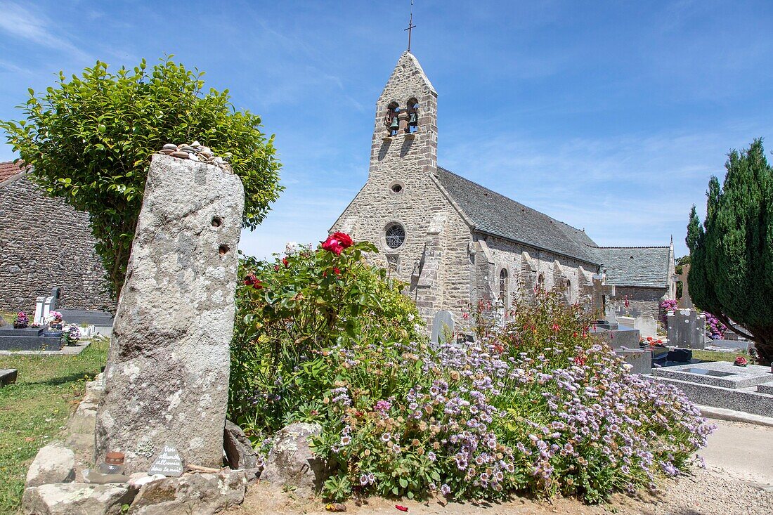 France, Manche, Cotentin, La Hague, Omonville la Petite, grave of French poet Jacques Prevert and 14th century Saint Martin church\n