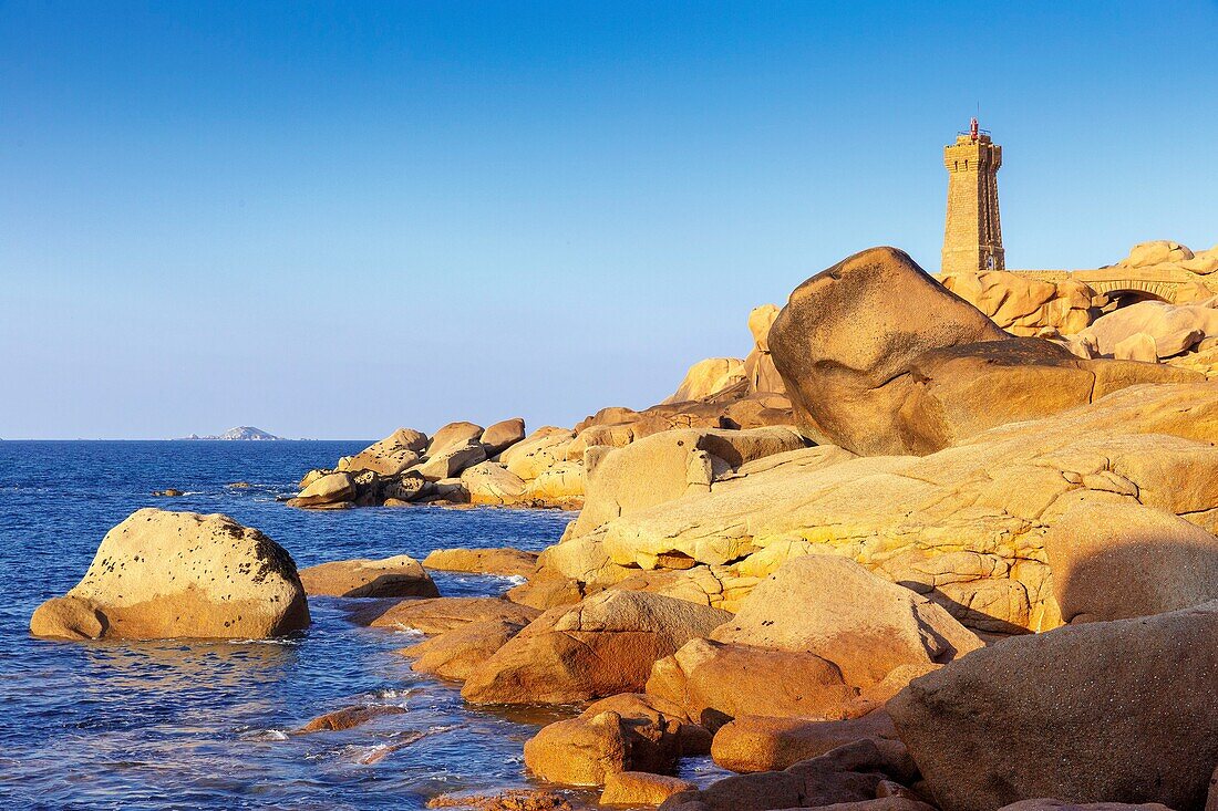 France, Cotes d'Armor, Pink Granite Coast, Perros Guirec, on the Customs footpath or GR 34 hiking trail, Ploumanac'h or Mean Ruz lighthouse\n