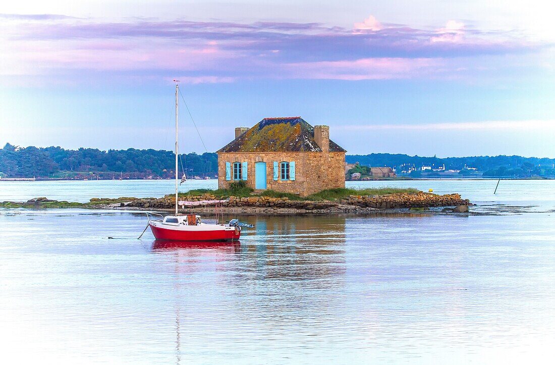 France, Morbihan, Ria d'Etel, Belz, Saint Cado, the islet of Nichtarguer and his house with blue shutters\n