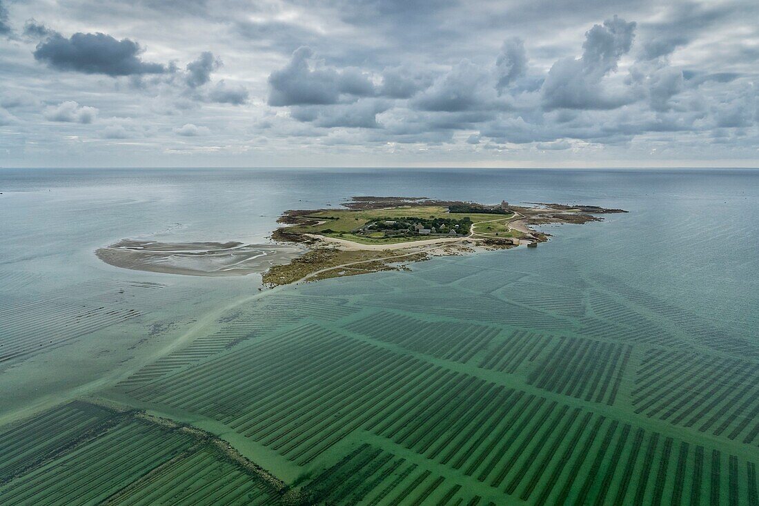 Frankreich, Manche, Saint Vaast la Hougue, Insel Tatihou, die Vauban-Festungsanlagen gehören zum Weltkulturerbe der Menschheit (Luftaufnahme)