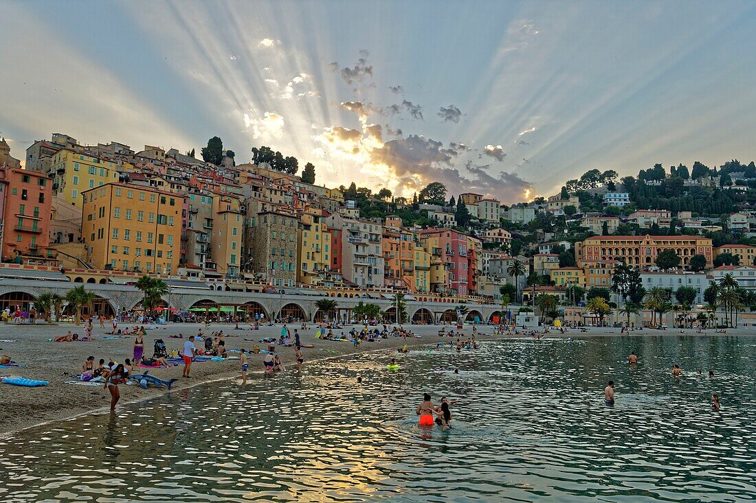 France, Alpes Maritimes, Cote d'Azur, Menton, the beach and the old town\n