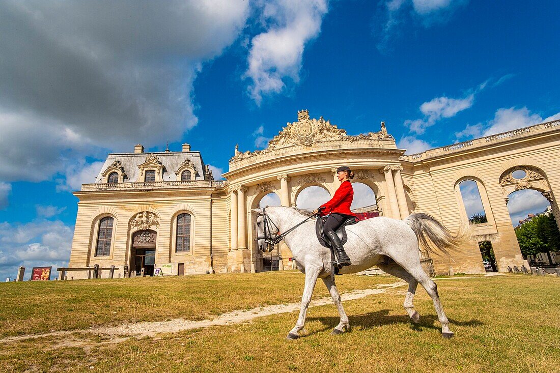France, Oise, Chantilly, Chateau de Chantilly, the Grandes Ecuries (Great Stables), Clara rider of the Grandes Ecuries, runs his horse at the Spanish pace in front of the Grandes Ecuries (Great Stables)\n