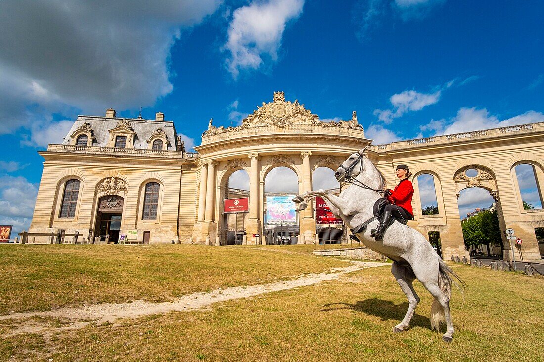 Frankreich, Oise, Chantilly, Chateau de Chantilly, die Grandes Ecuries (Große Ställe), Estelle, Reiterin der Grandes Ecuries, lässt ihr Pferd vor den Grandes Ecuries (Große Ställe) aufsteigen