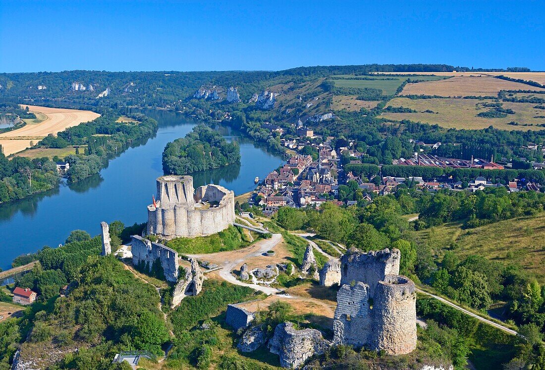 France, Eure, the ruins of the forteress of Château Gaillard and the Seine river (aerial view)\n