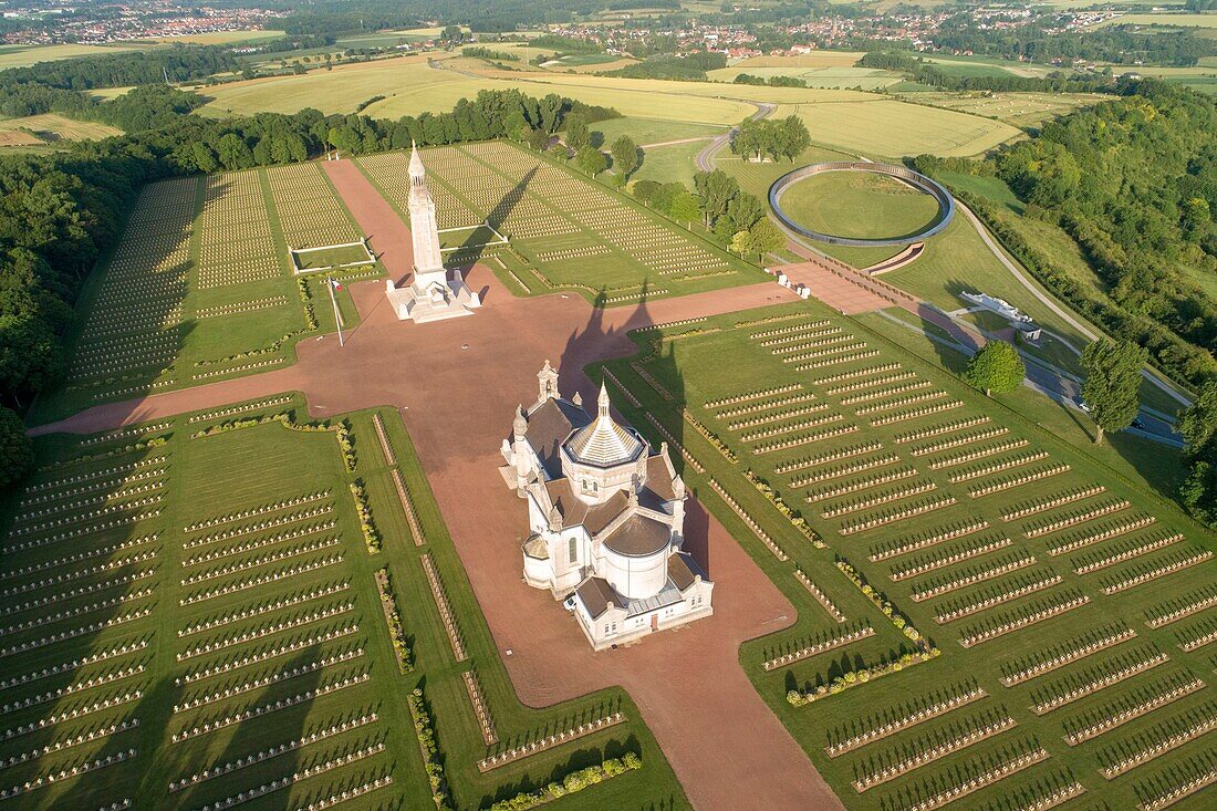 France, Pas de Calais, Ablain Saint Nazaire, National cemetery of Notre-Dame-de-Lorette and memory ring (aerial view)\n