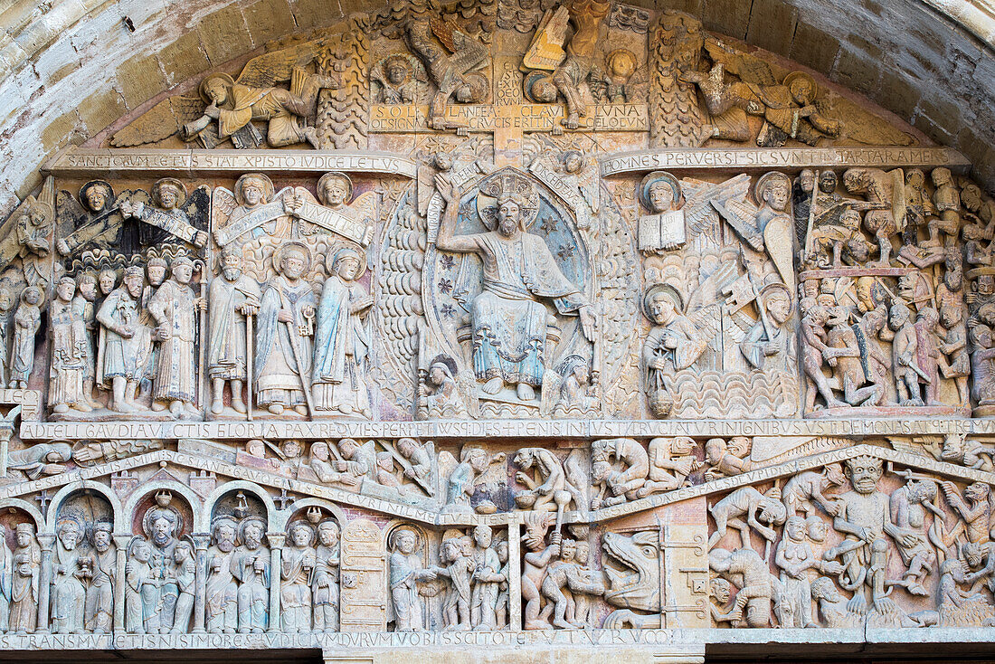 France, Aveyron, Conques, labeled the Most Beautiful Villages of France, Romanesque Abbey of Saint Foy from 11th Century, listed as World Heritage by UNESCO, Tympanum of The Last Judgement\n