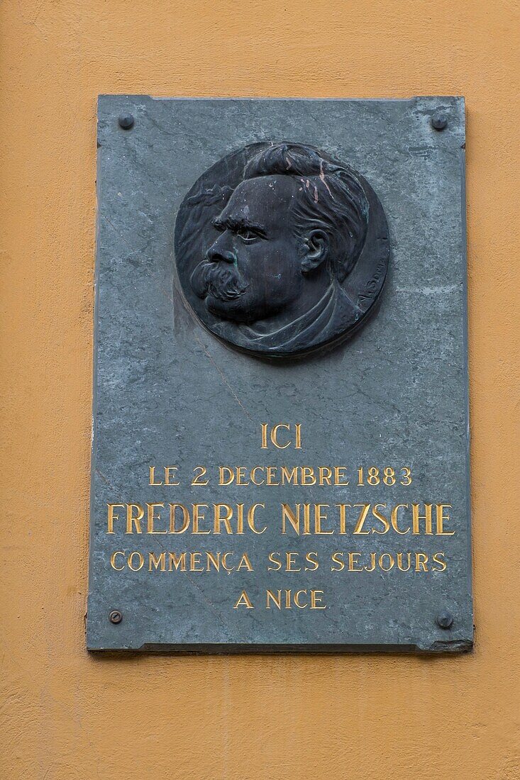 France, Alpes Maritimes, Nice, listed as World Heritage by UNESCO, rue Segurane, street sign representing Frederic Nietzche\n