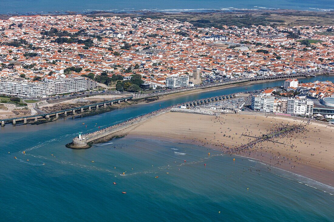 France, Vendee, Les Sables d'Olonne, ironman triathlon competition (aerial view)\n