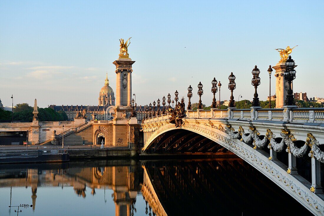 France, Paris, area listed as World Heritage by UNESCO, Alexander III bridge and the Invalides\n
