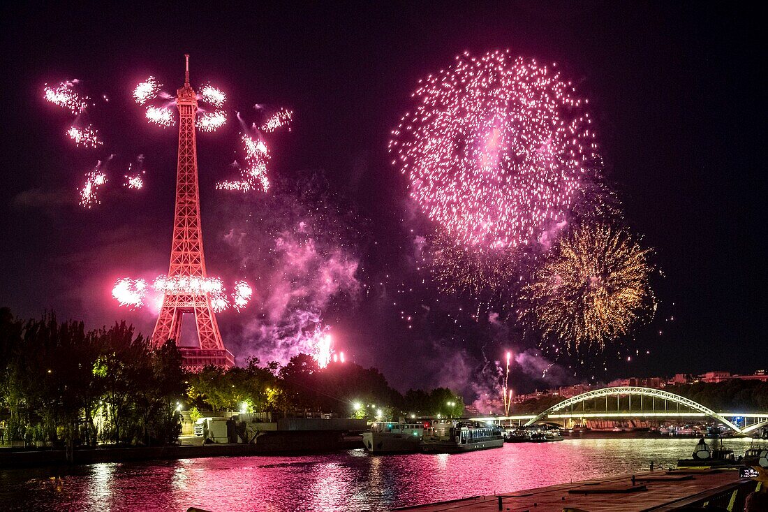 Frankreich, Paris, von der UNESCO zum Weltkulturerbe erklärtes Gebiet, Nationalfeiertag, das Feuerwerk vom 14. Juli 2019 und der Eiffelturm