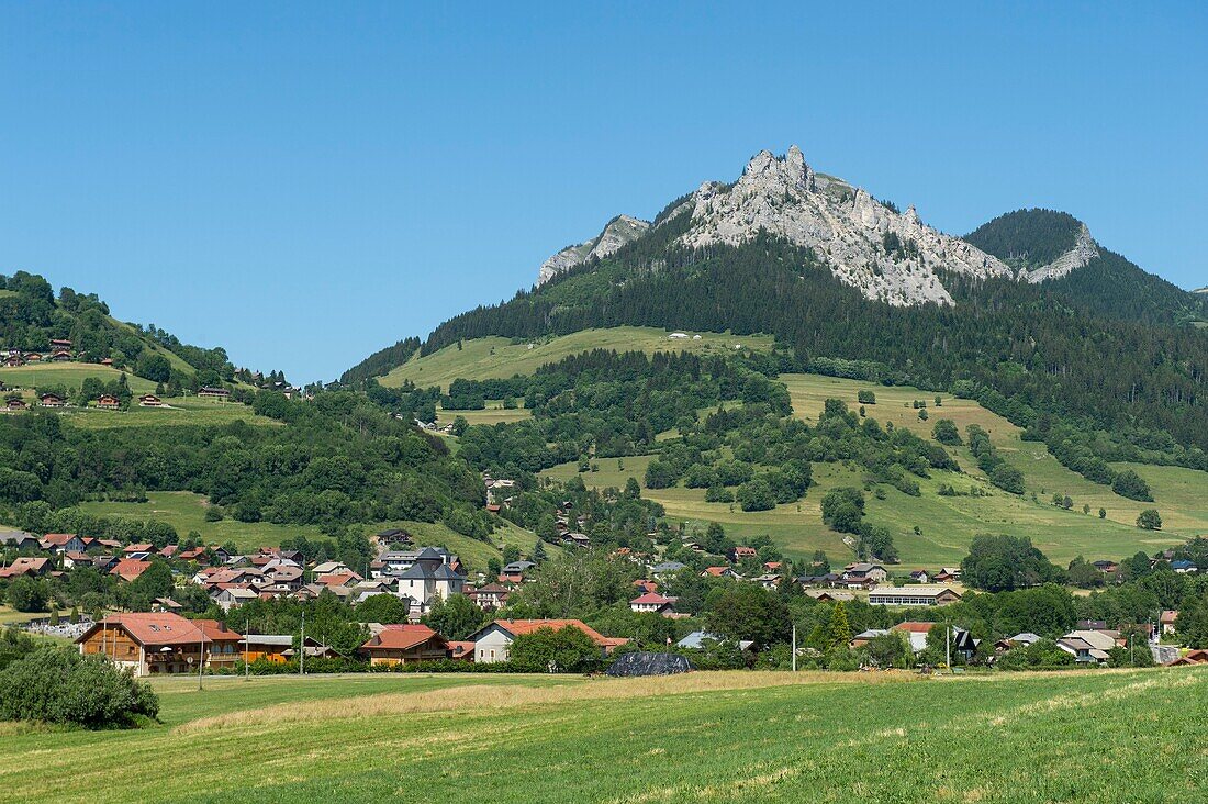 France, Haute Savoie, massif of Chablais, Bernex, panoramic view of the village with Mount Cesar\n