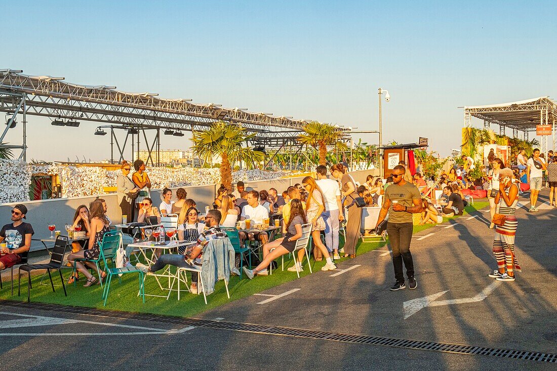 France, Paris, vegetable rooftop of 3,500M2, the Hanging Garden, bar and ephemeral restaurant installed on the roof of a car park during the summer\n