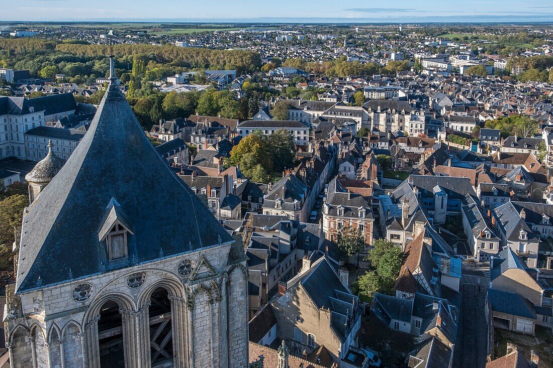 France, Cher, Bourges, high angle view of the city from the top of Saint Etienne cathedral listed as World Heritage by UNESCO\n