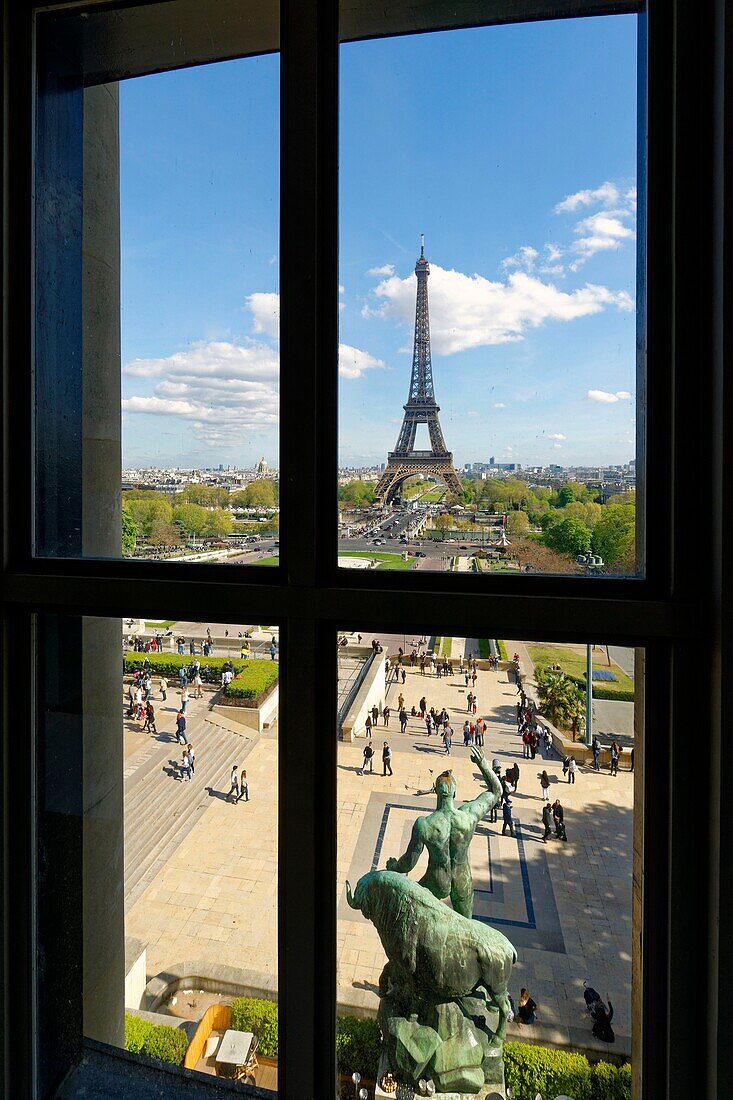 Frankreich, Paris, von der UNESCO zum Weltkulturerbe erklärt, die Statue Herkules, der einen Bison zähmt von Albert Pommier vor dem Chaillot-Palast und dem Museum des Menschen (musee de l'Homme), die Trocadero-Gärten und der Eiffelturm
