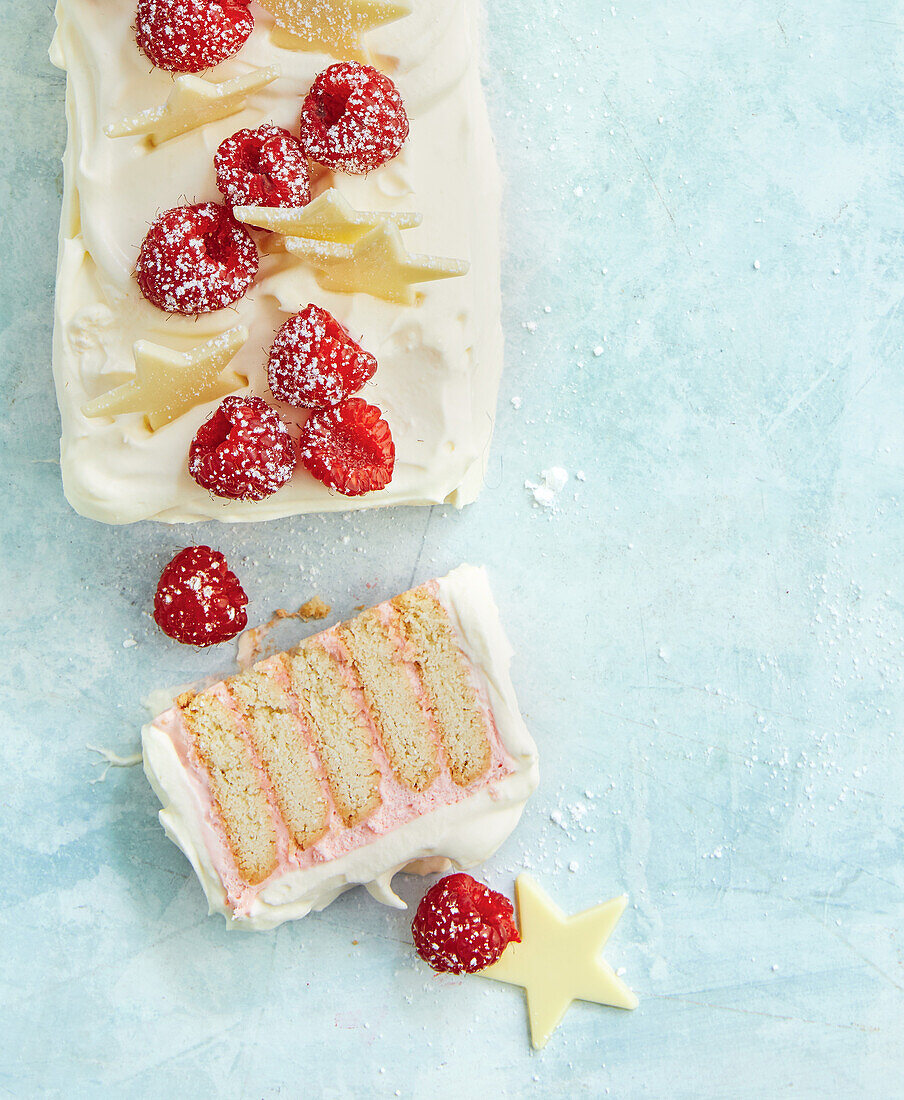 Rose shortbread ripple cake with raspberries