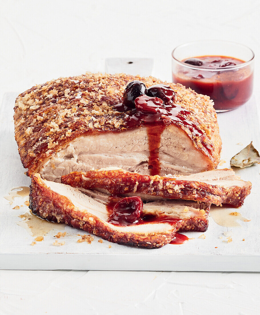 Pork belly with cherry barbecue sauce