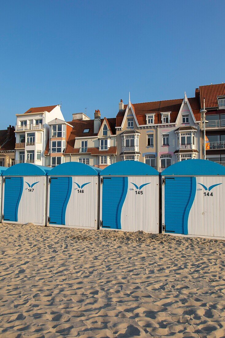 France, Nord, Malo les bains, beach huts and facades of villas waterfront\n