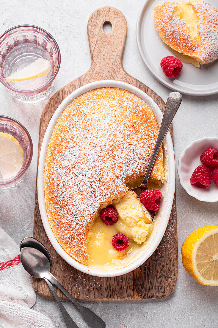 Lemon Pudding with Fresh Raspberries