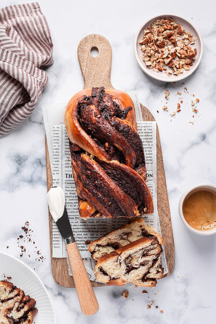 Chocolate babka with pecans