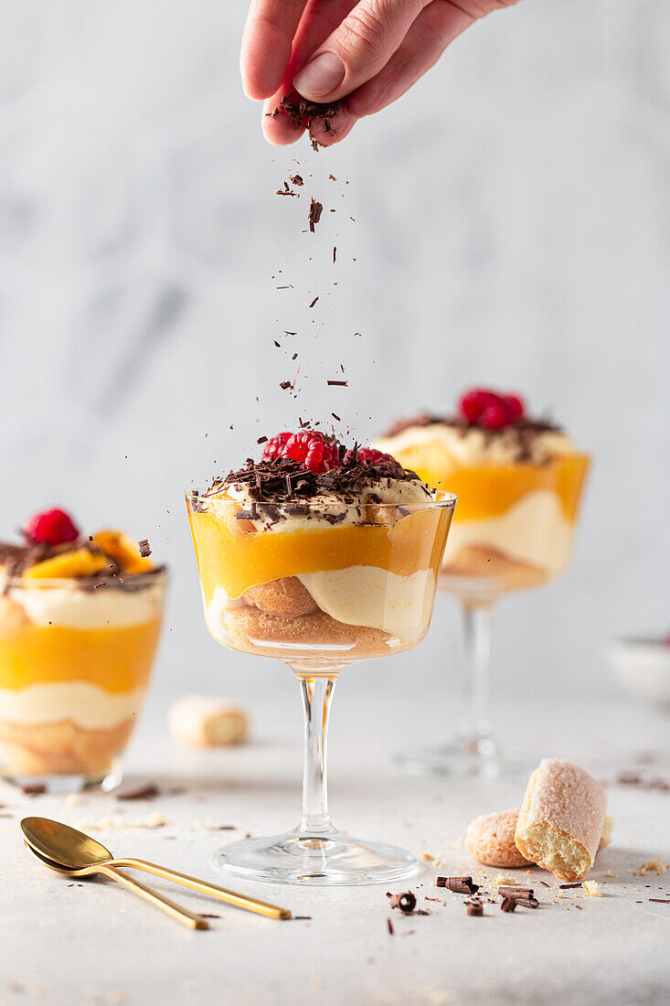 Mango tiramisu with mascarpone cream, fresh raspberries and chocolate shavings
