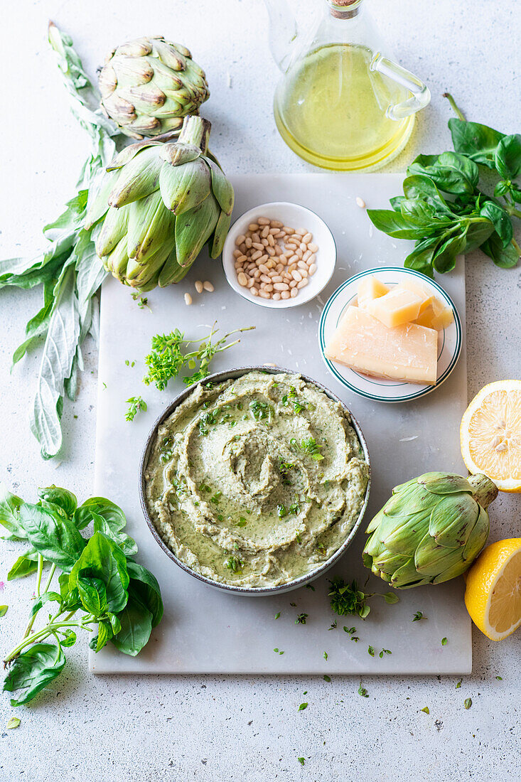 Artichoke pesto with pine nuts, parmesan, basil, lemon and olive oil