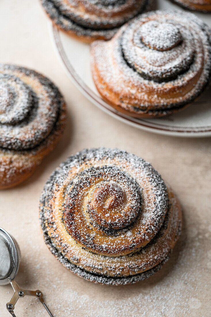 Poppy seed buns with powdered sugar