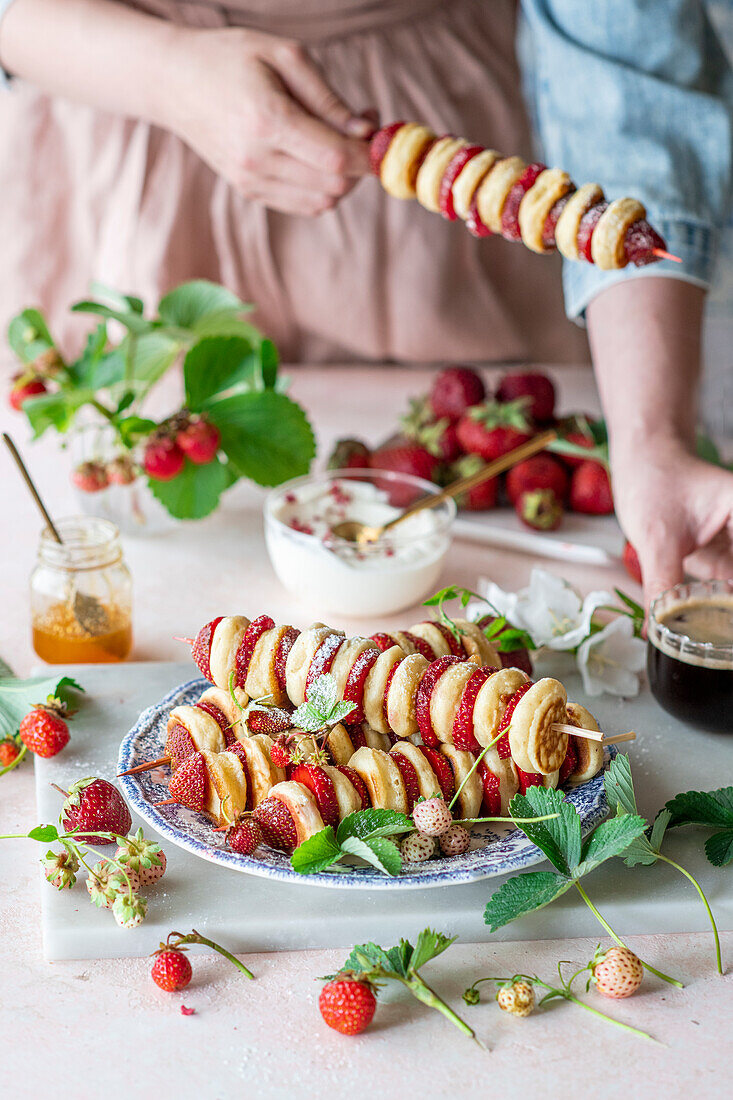 Mini pancake skewers with strawberries