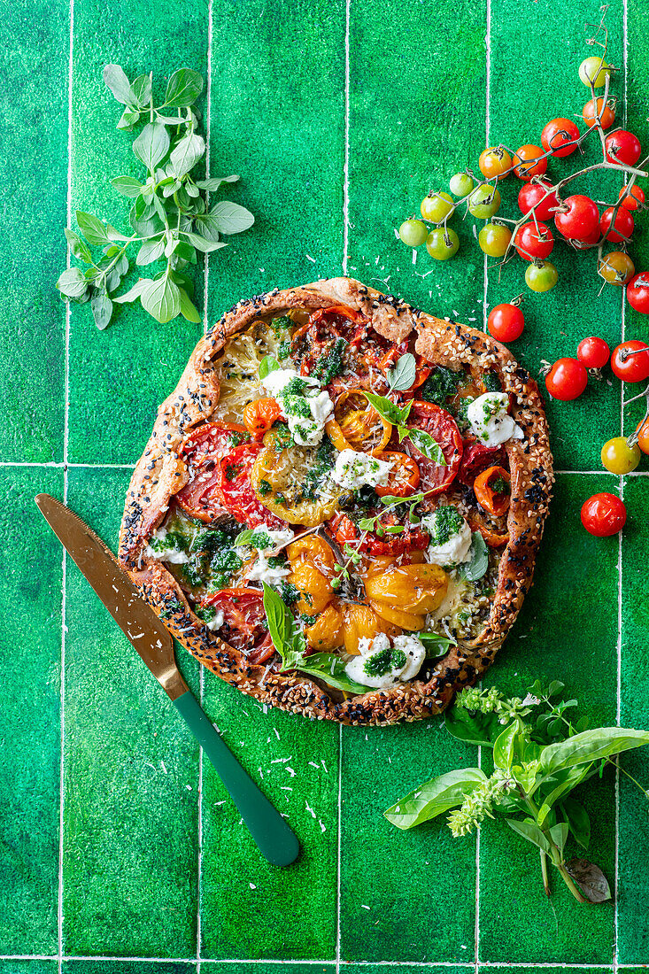 Galette with tomatoes and burrata