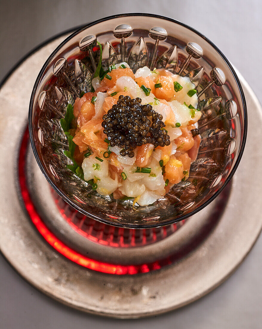 Salmon and sea bream tartare with caviar