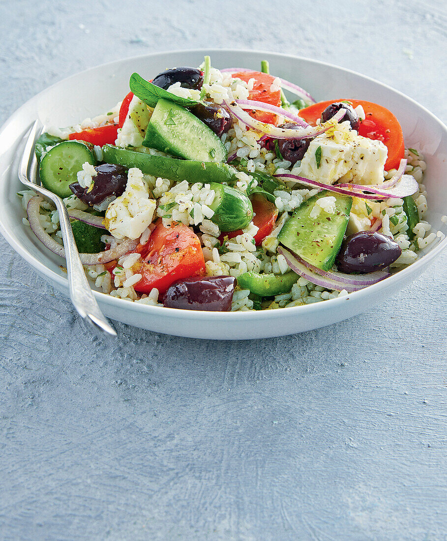 Greek lemon rice salad with feta cheese