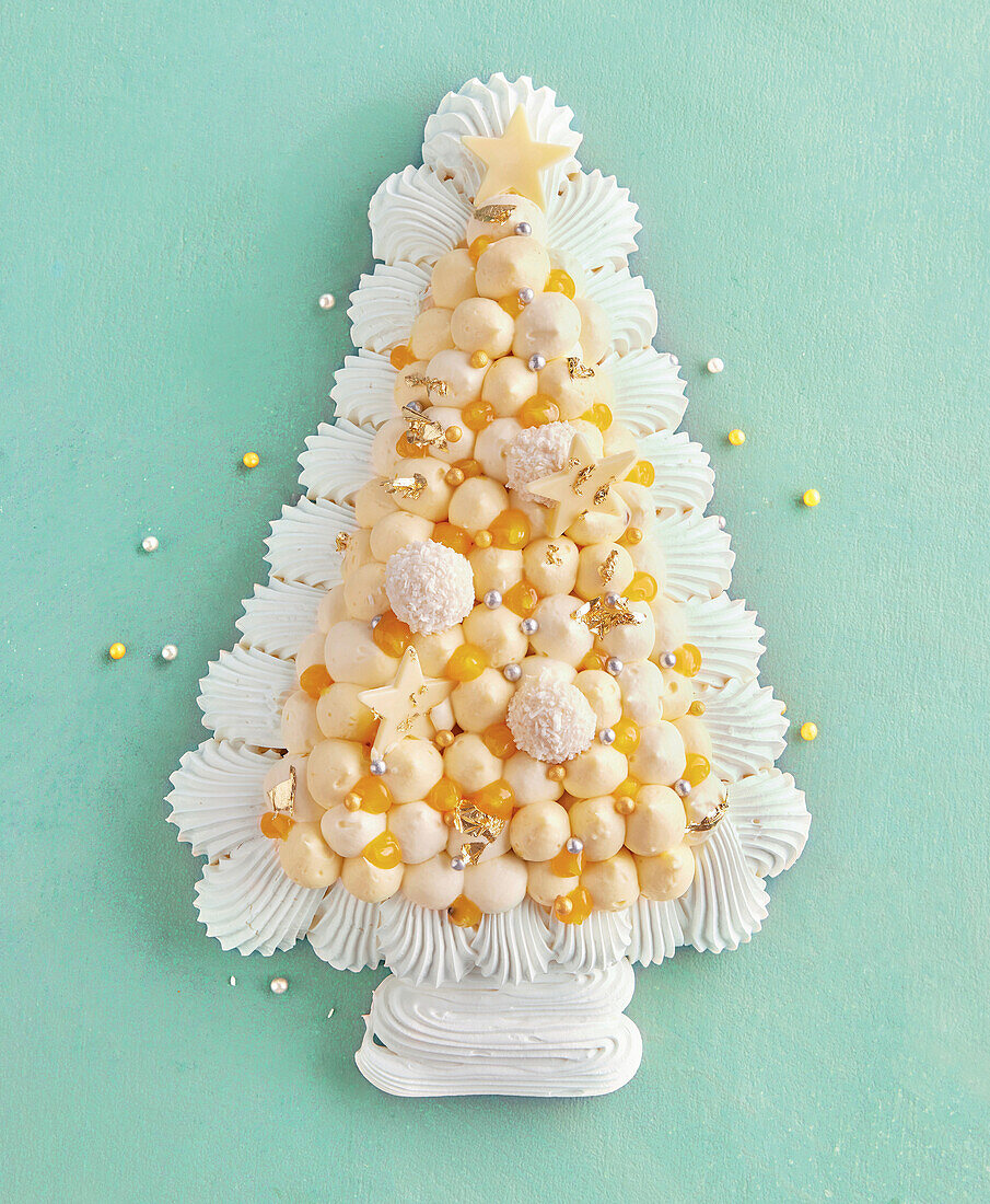 Passion fruit cheesecake pavlova in the shape of a Christmas tree