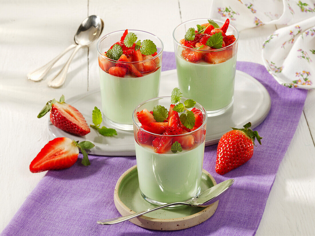 Lemon balm panna cotta with strawberries