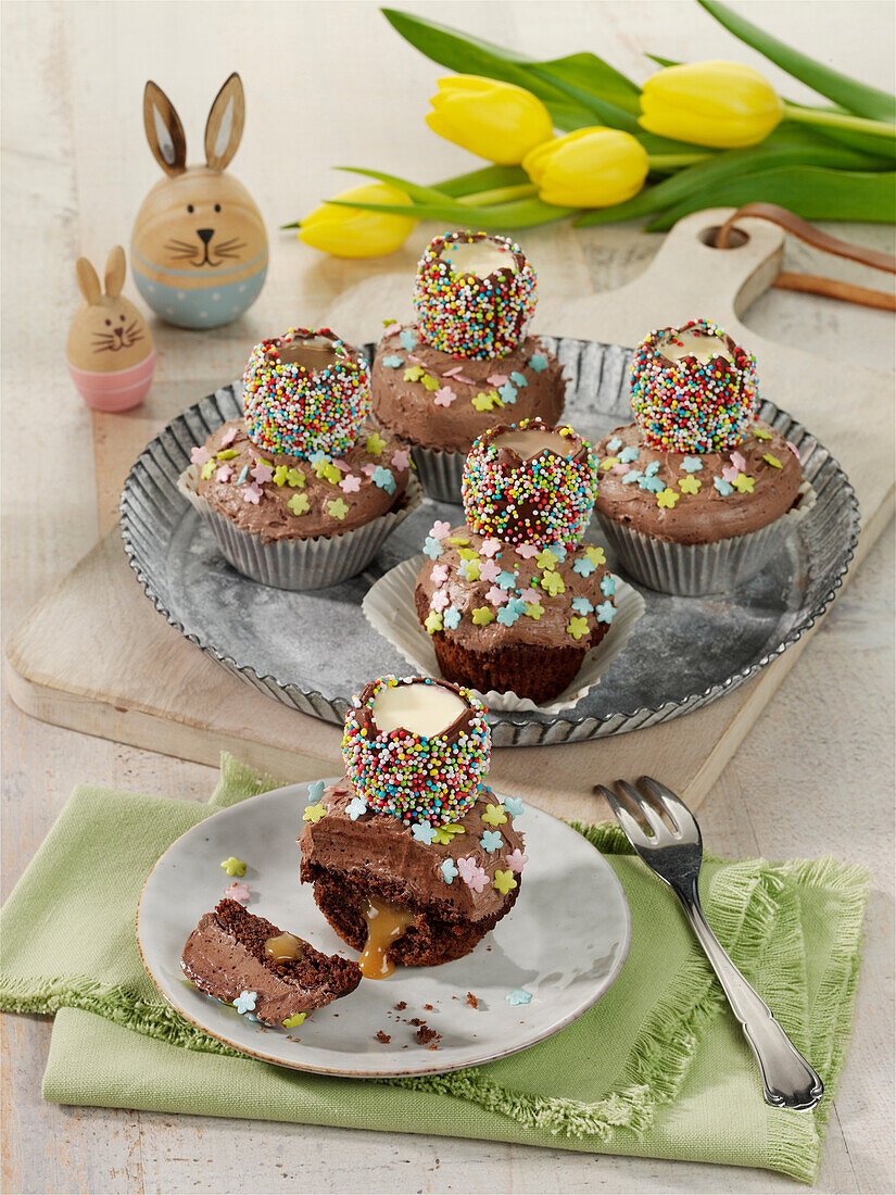 Easter cupcakes with caramel filling and candy eggs