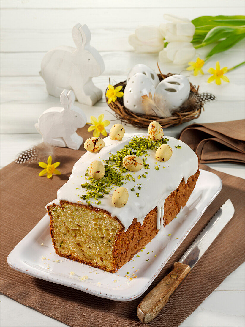 Zucchini loaf cake with pistachios for Easter