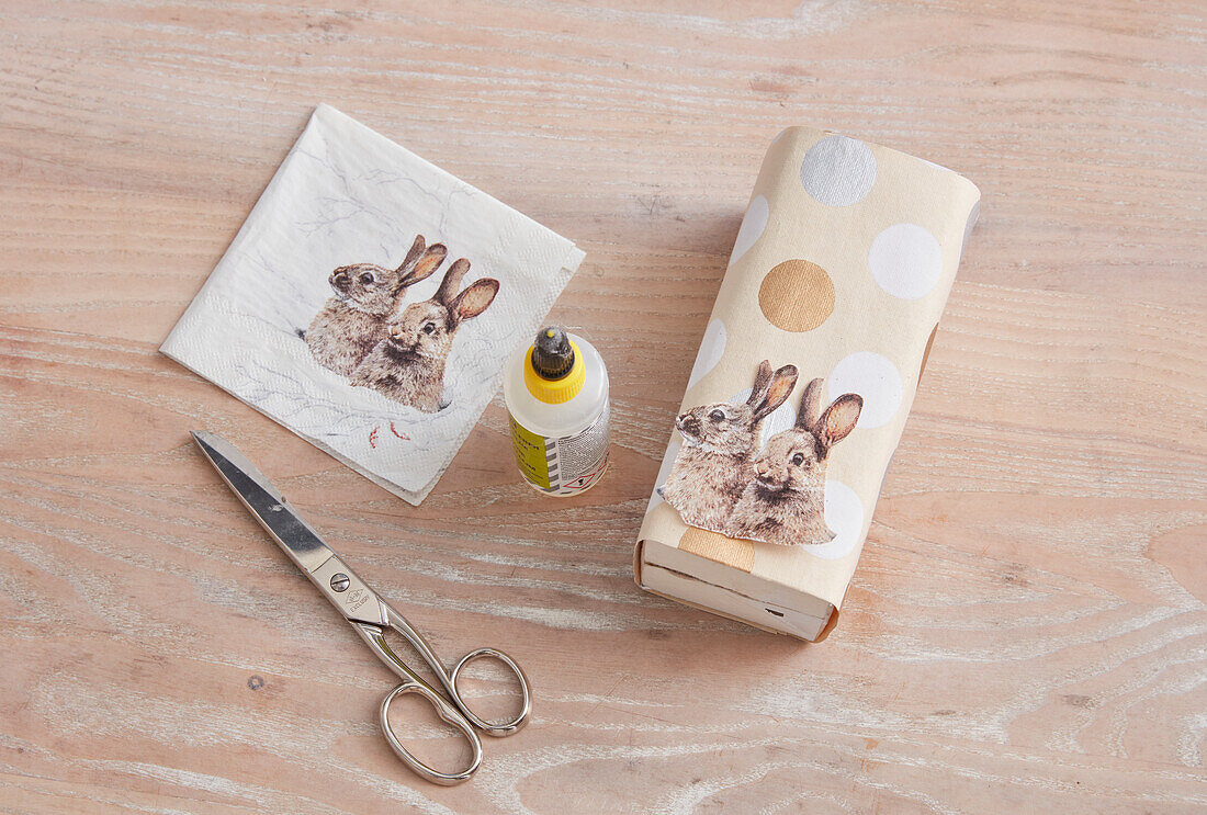 DIY project: Gift wrapping with bunny motif and decoupage technique