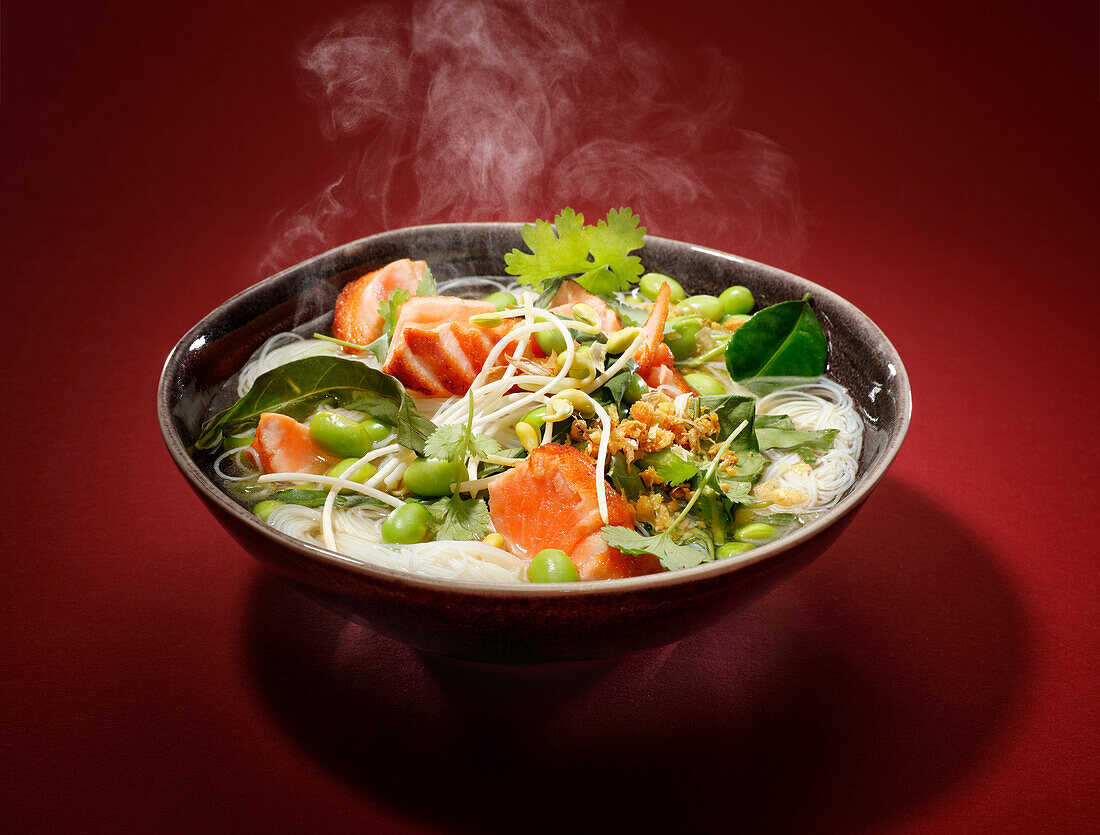 Thai poultry stock with salmon and glass noodles