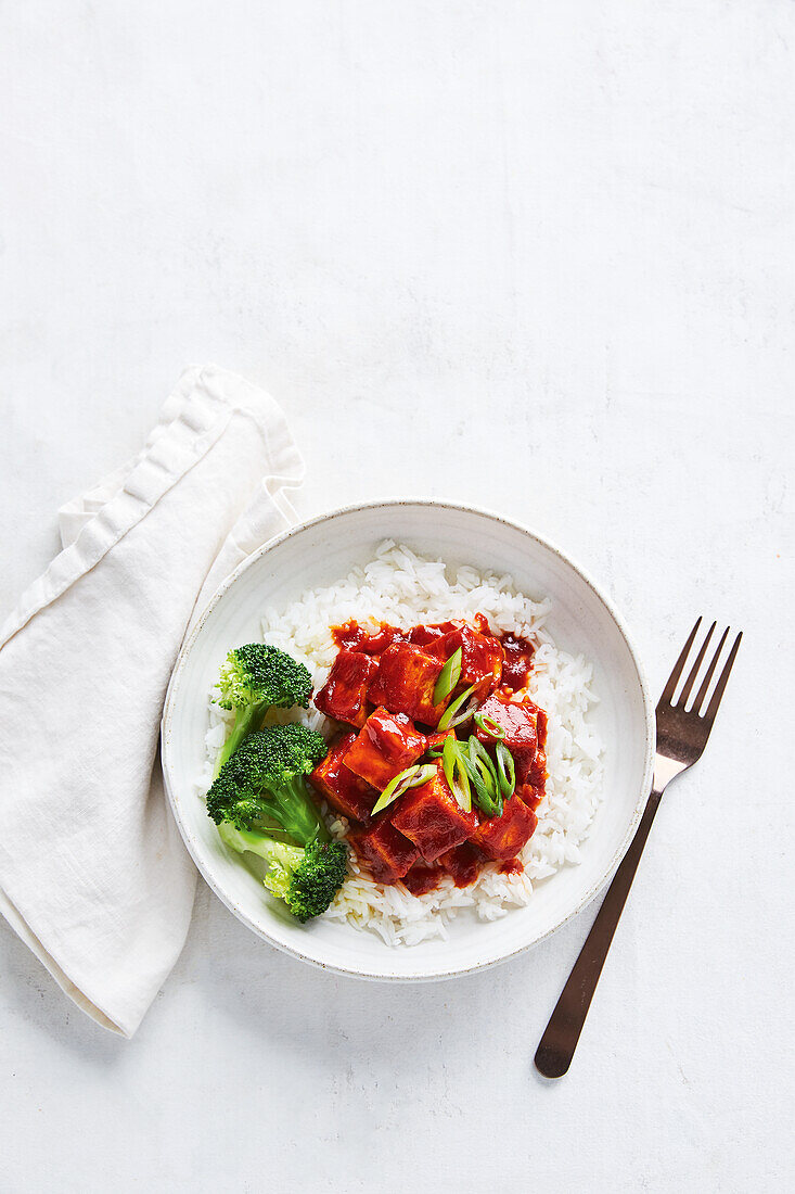 Sticky tofu with broccoli and rice