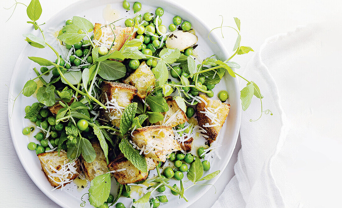 Pea and pecorino salad with sourdough croutons