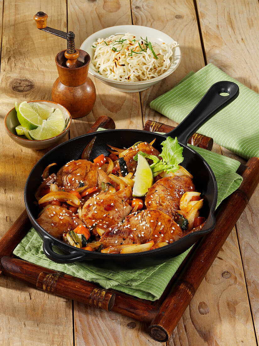 Asian fillet with mustard cabbage in a skillet