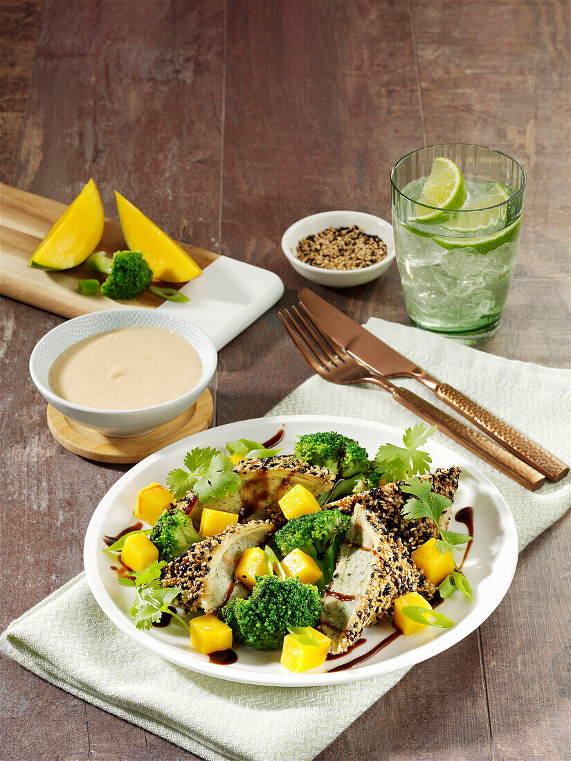 Maultaschen coated in sesame seeds with broccoli, mango and tahini