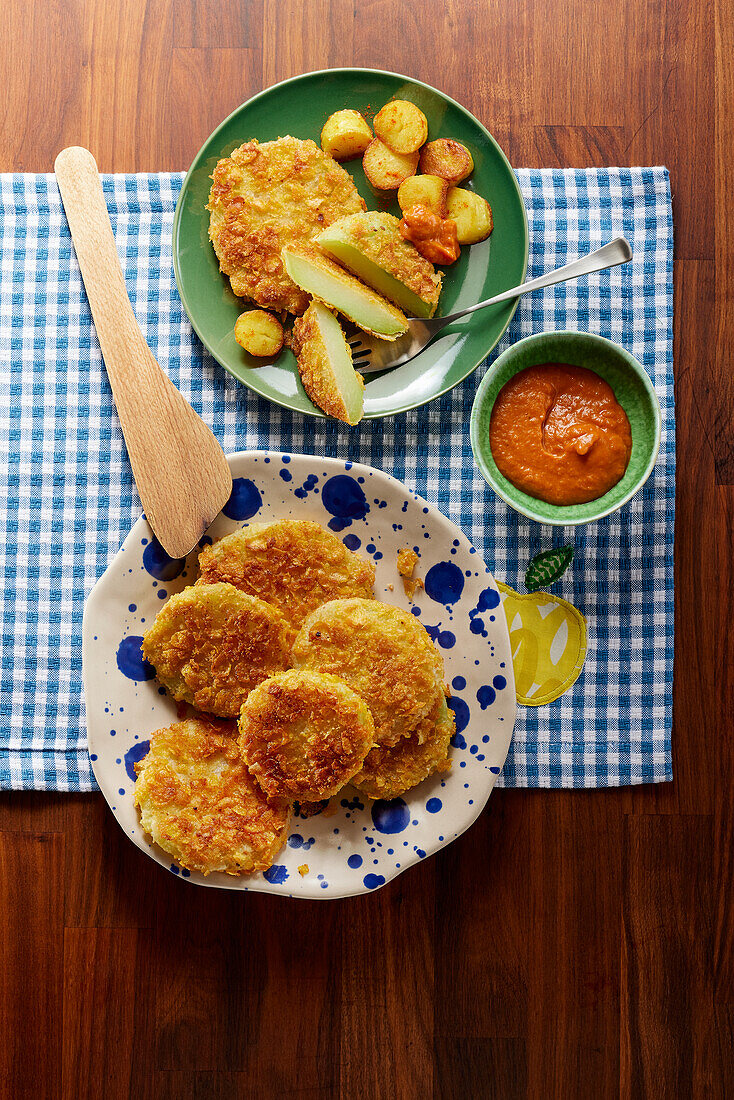 Vegetarian vegetable schnitzel 'Viennese style' with curry ketchup