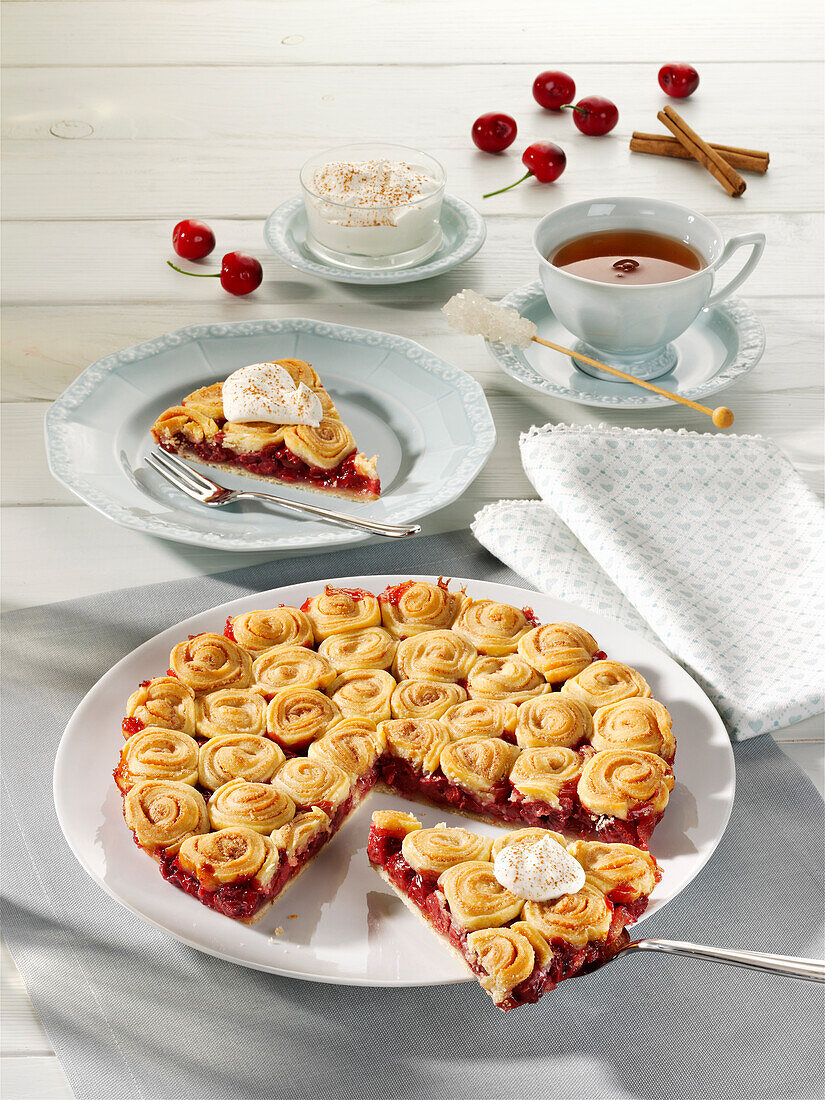 Cherry pie with cinnamon bun topping