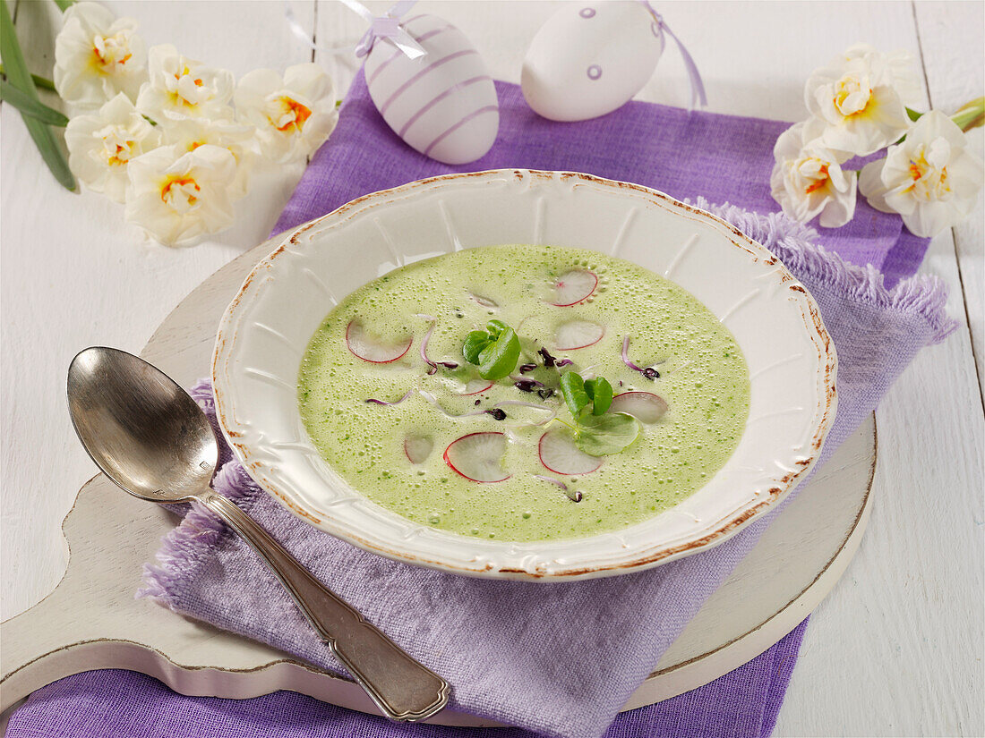 Cremige Brunnenkressesuppe mit Radieschen