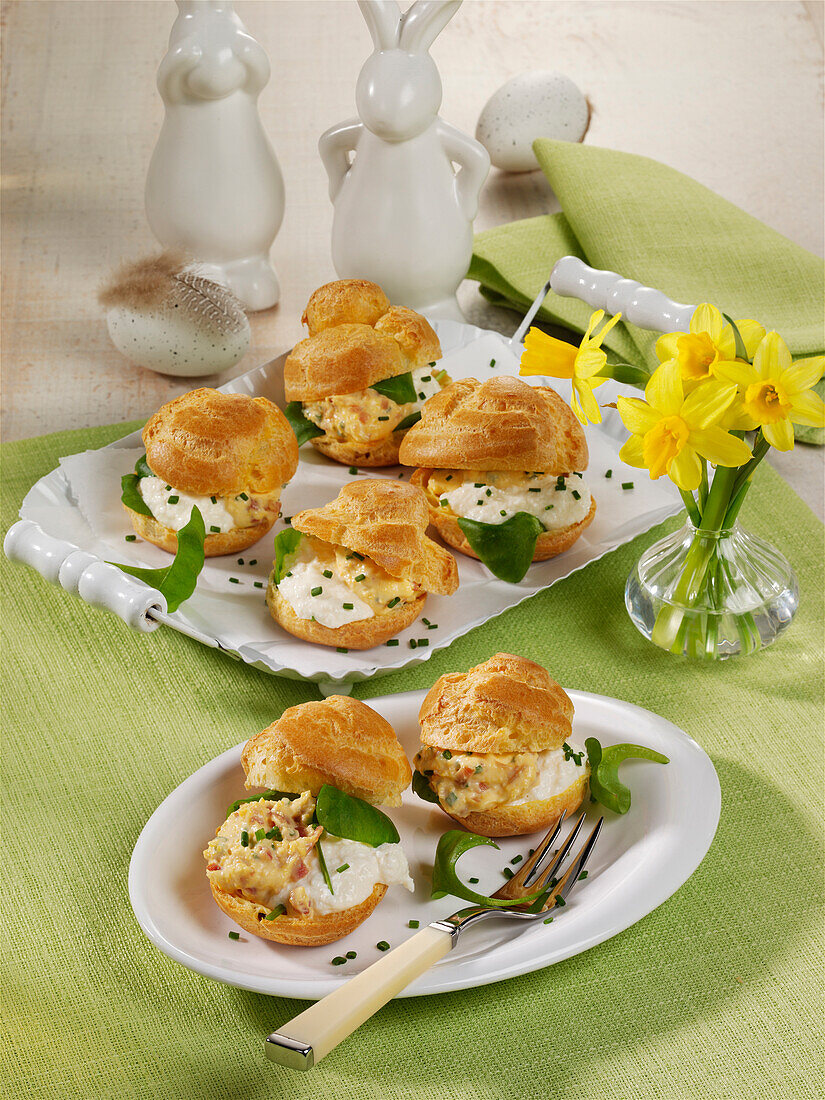Savoury Easter cream puffs with ham and egg filling