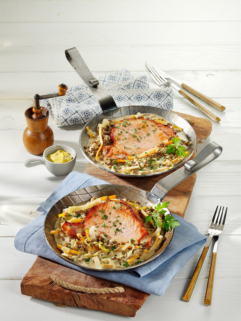 Pork loin with lentils and vegetables